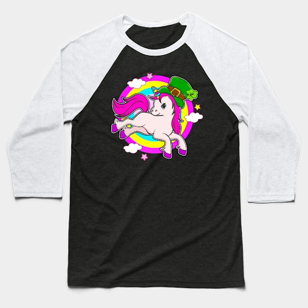 St Patricks Day Unicorn Leprechaun Baseball T-Shirt by E